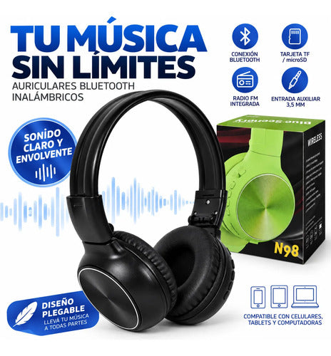 Auriculares Bluetooth Plegables N98 Radio Fm Microsd Negro
