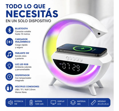 Parlante Bluetooth Cargador Inalámbrico Reloj Luz Led Usb Tf Blanco