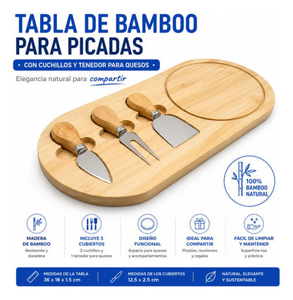 Set Tabla Picadas Bamboo Quesos Pack X3 Cubiertos 36cm Geométrico Marrón Claro