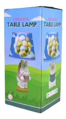 Lámpara Velador Cerámica Diseño Oso Pantalla Decorada 37cm Beige