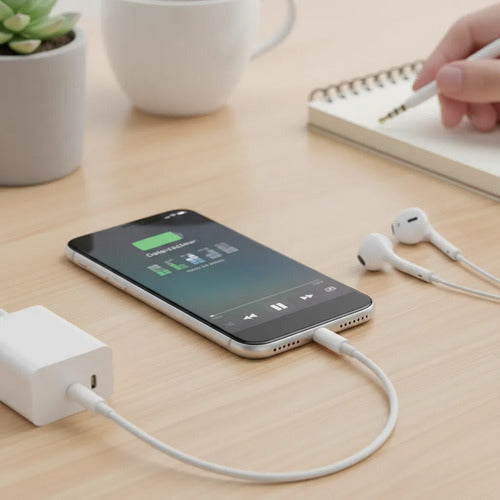 Cable Adaptador Ios 2 En 1 Carga Y Audio Jack 3.5 Celular Blanco