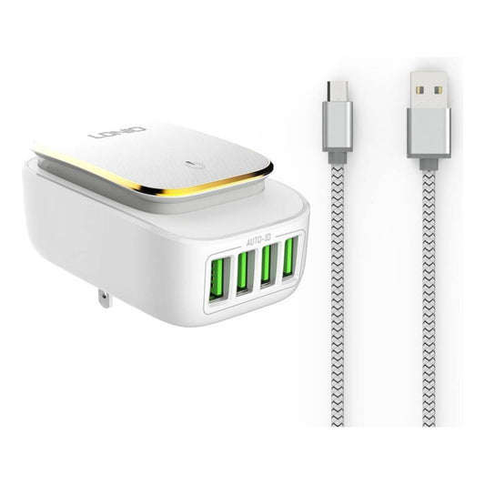 Cargador Pared 4 Usb 4.4a Con Luz Led Blanco