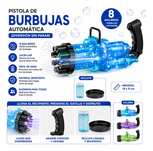 Pistola Lanza Burbujas Automática 8 Agujeros Luces Infantil Aleatorio