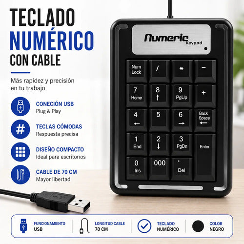 Teclado Keypad Numérico Usb Cable Laptop Notebook Pc Oficina Negro