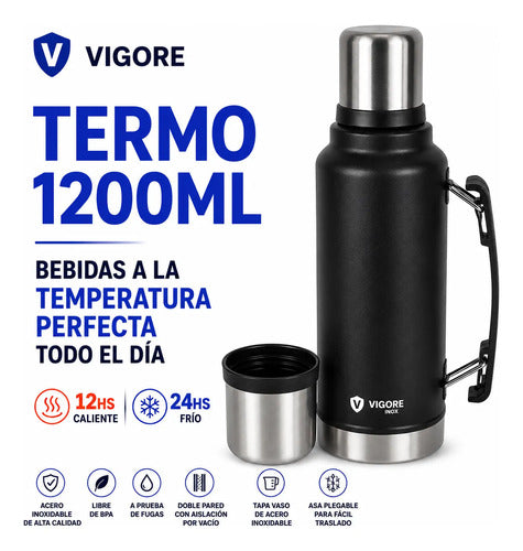 Termo Acero Inoxidable 1.2l Asa Plegable Hermético 2 Paredes Negro Mate