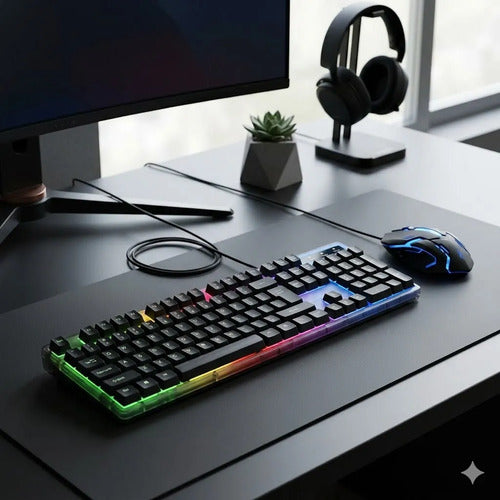 Combo Teclado Mouse Español Traslucido Luces Usb Pc Consolas Rgb Multicolor