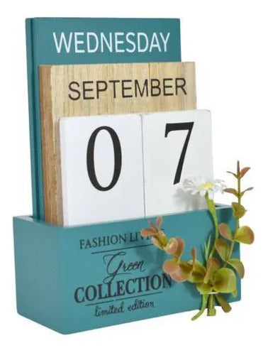 Calendario Escritorio Perpetuo 9 Bloques Madera 11x16x5cm Turquesa