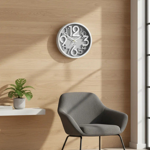Reloj Plástico De Pared Redondo Números 3d 18cm Decorativo Gris Con Borde Blanco