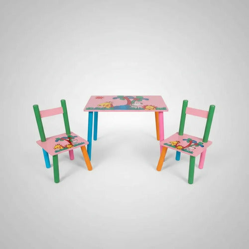 Set Mesa Infantil 2 Sillas Madera Diseño Animado Niños Rosa