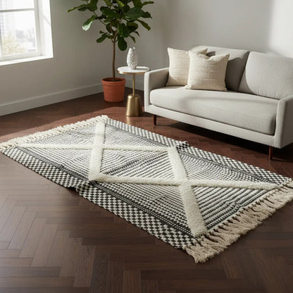 Alfombra Bohemia Algodón Decorativa 60x90 Geométrica Boho 90 Cm 60 Cm Gris
