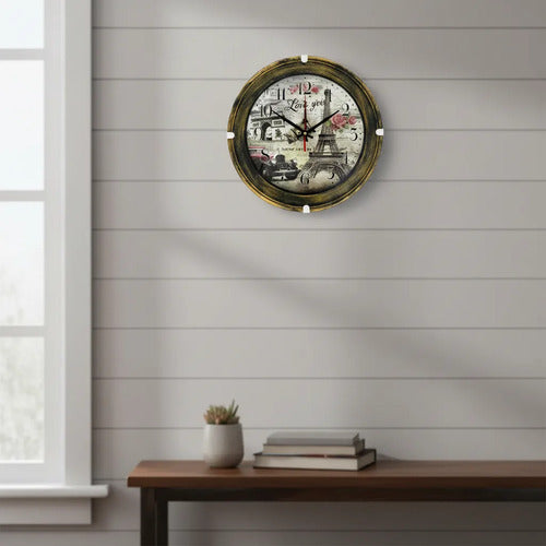 Reloj Analógico Vintage Pared Redondo Estilo París 30cm Dorado