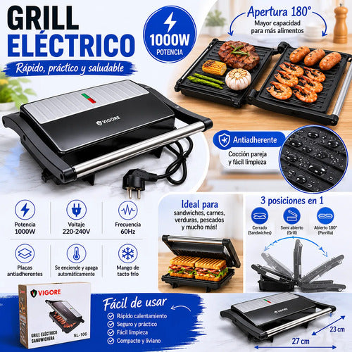 Grill Parrilla Electrica Sandwichera 180 Grado Antiadherente Negro