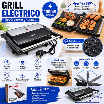 Grill Parrilla Electrica Sandwichera 180 Grado Antiadherente Negro