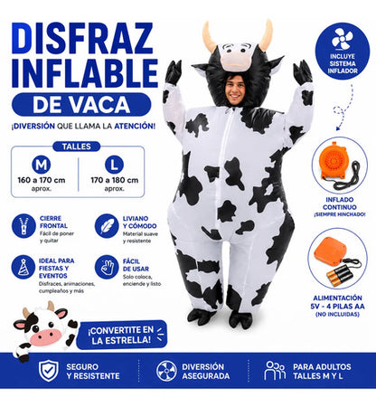 Disfraz Inflable Vaca Adulto Talle M Y L Con Inflador Animal Blanco Con Negro M