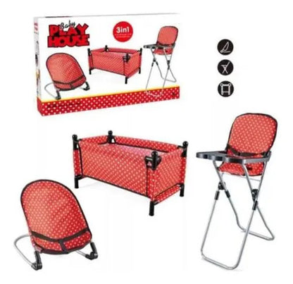 Set 3 En 1 Cuna Silla Alta Mecedora Para Muñecas Plegable Rojo