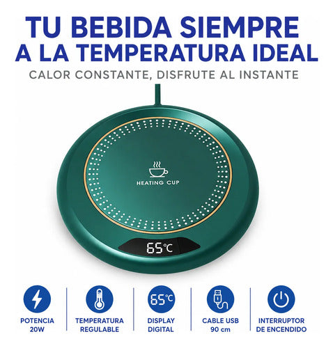 Base Calentadora Tazas Usb Eléctrico Display Circular 20w Verde
