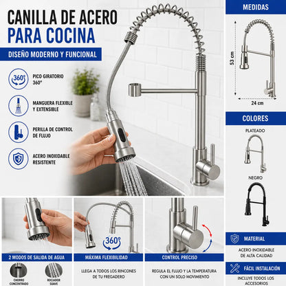 Canilla Grifo Cocina Monocomando Flexible Extensible Acero Negro