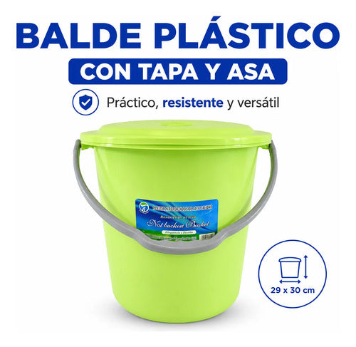 Balde Multiuso Plástico Manija Tapa Asa 29x30cm Jardín Baño Verde