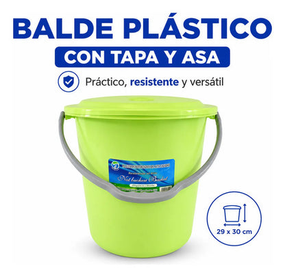 Balde Multiuso Plástico Manija Tapa Asa 29x30cm Jardín Baño Verde