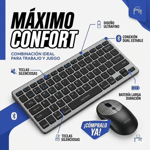 Combo Teclado Mouse Inalambrico Bluetooth Pc Windows Mac Os Plateado Negro