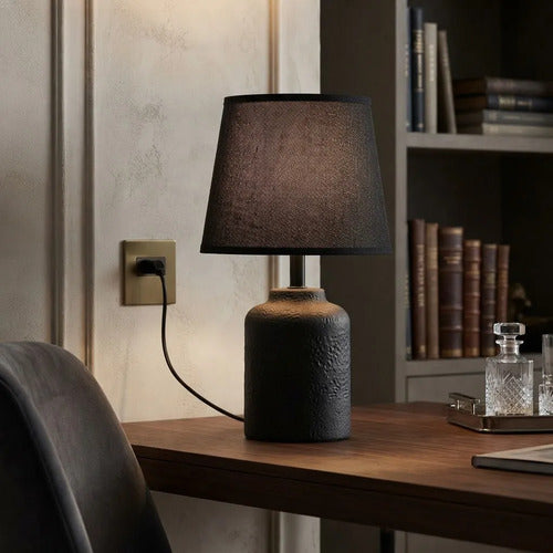 Lámpara De Mesa Cerámica Pantalla Tela E27 33cm Negro