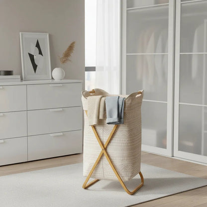 Canasto Cesto Ropa Plegable Ropa Lavanderia Madera Tela Beige Geométrico