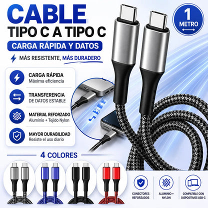 Cable Usb Tipo C A Tipo C Reforzado Carga Y Datos 1m Nylon Negro