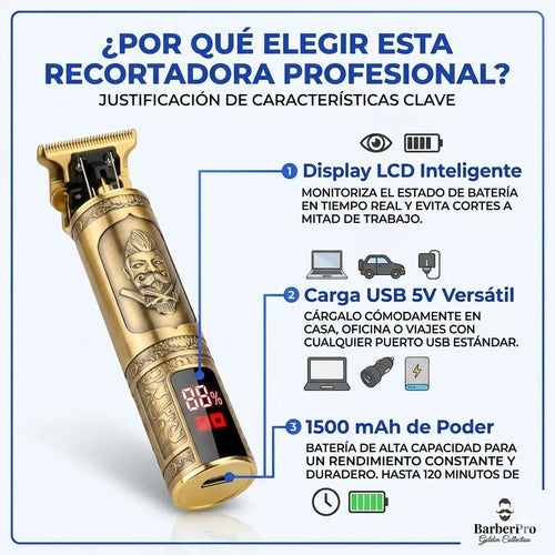 Cortapelo Profesional Vintage Usb 1500mah Pantalla Lcd Dorado Con Relieves