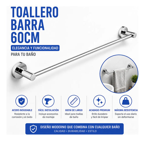 Porta Toalla Barra Baño Toallero Pared 60cm Acero Pared Gris