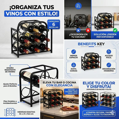 Rack Vino Botellero Hierro 6 Botella Dorado Estante 34x21cm 2 Colores Segun Stock