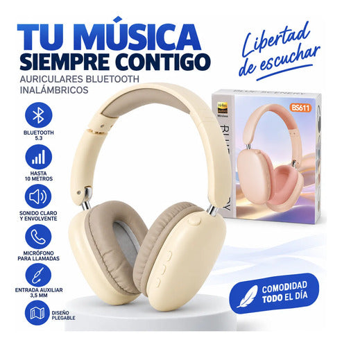 Auriculares Inalámbricos Plegables Bluetooth 5.3 Micrófono Beige