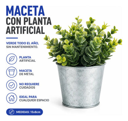 Maceta De Metal Con Planta Artificial Decorativa Jardín Gris