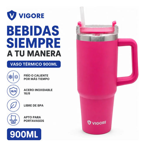Vaso Térmico Acero Inoxidable 900ml Asa Tapa Sorbito Termo Fucsia