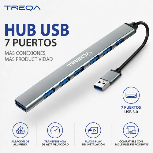 Hub Adaptador Usb 7 Puertos Notebook Pc Tablet Aluminio Plateado