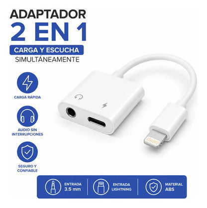Cable Adaptador Ios 2 En 1 Carga Y Audio Jack 3.5 Celular Blanco