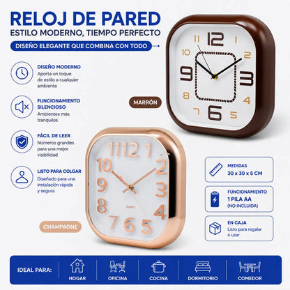 Reloj Pared Analogico Cuadrado Quartz 30cm Hogar Oficina Marrón