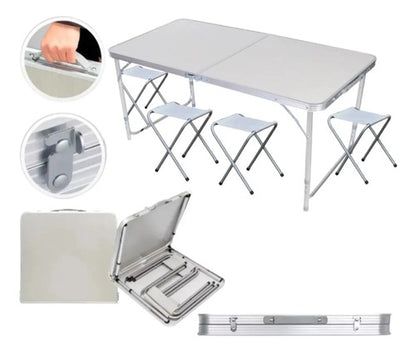 Mesa Plegable Con Asientos Exterior Acero Plastico Camping Blanco