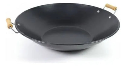 Sarten Wok Antiadherente 43cm Acero Carbono Asas Madera Negro