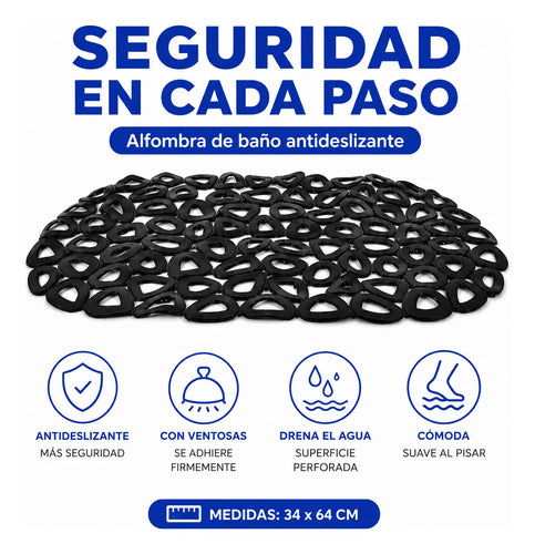 Alfombra Goma Antideslizante Baño Ventosas Diseño 34x64cm Negro