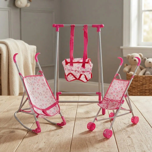 Set Infantil Coche Hamaca Silla Para Muñecas 3 Piezas Rosa