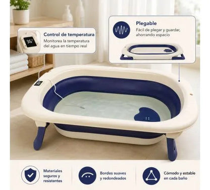 Bañera Infantil Plegable Plástico Termómetro Digital 75x47cm Azul
