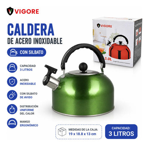 Caldera Acero Inoxidable Asa Silbato 3l Tetera Jarra Pava Verde