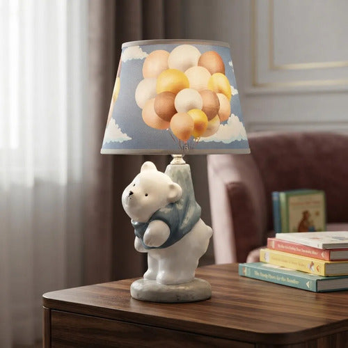 Lámpara Velador Cerámica Diseño Oso Pantalla Decorada 37cm Blanco Con Celeste