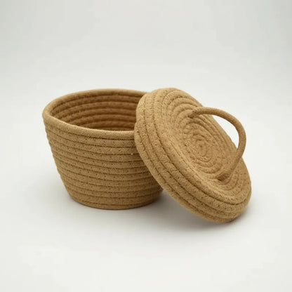 Canasto Cesto Organizador Tejido Cuerda Algodón Tapa 12x14cm Marrón
