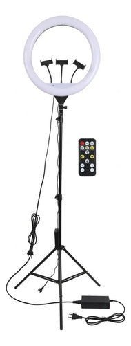 Aro De Luz Led 47cm Con Tripode Control Remoto Y 3 Soportes Blanco Blanco Cálido