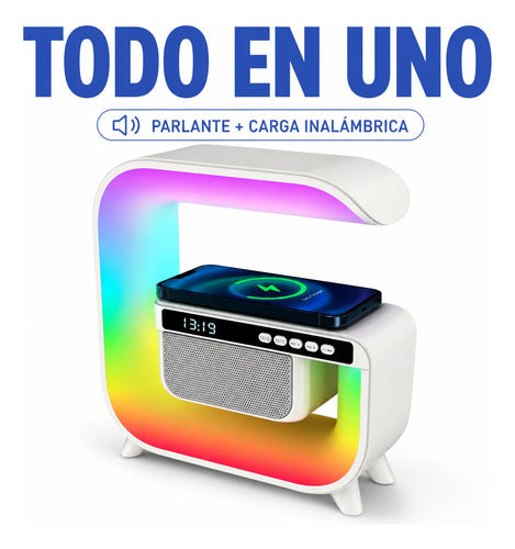 Parlante Cargador Inalambrico Bluetooth Reloj Led Rgb Blanco