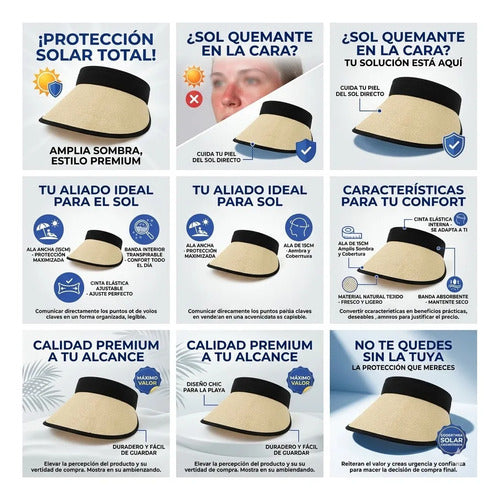Visera Sombrero Playa Mujer Verano Ala Ancha Ajustable 15cm Beige Natural / Paja Único (standard Para Adulto)