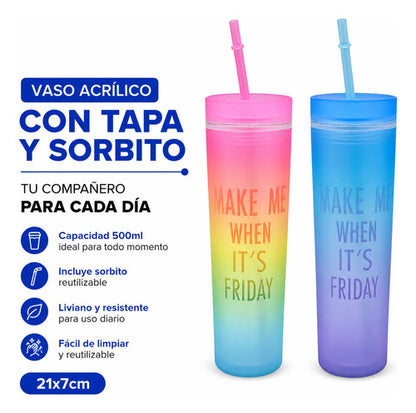 Vaso Acrílico Tapa Sorbito 500ml Multicolor Frase Liviano Multicolor