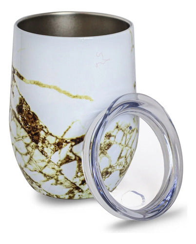 Mate Termico Acero Inoxidable Doble Pared Tapa Presion 320ml Blanco Con Dorado Mármol Blanco Con Vetas Doradas