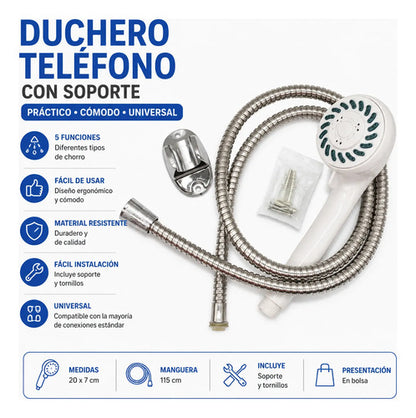Kit Duchero Teléfono Soporte Manual Universal Manguera 115cm Blanco